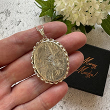 Cargar imagen en el visor de la galería, Vintage English Silver "Forget Me Not" Oval Locket Pendant Necklace. Victorian Revival Floral Engraved Large Locket & Chain, Hallmarked 1975