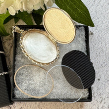 Cargar imagen en el visor de la galería, Vintage English Silver "Forget Me Not" Oval Locket Pendant Necklace. Victorian Revival Floral Engraved Large Locket & Chain, Hallmarked 1975