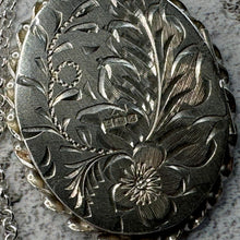 Cargar imagen en el visor de la galería, Vintage English Silver "Forget Me Not" Oval Locket Pendant Necklace. Victorian Revival Floral Engraved Large Locket & Chain, Hallmarked 1975