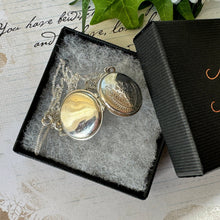 Cargar imagen en el visor de la galería, Vintage Engraved Silver Romantic Rose Locket Pendant Necklace. Round Sterling Silver Love Token Locket & Chain. Edwardian Style Photo Locket