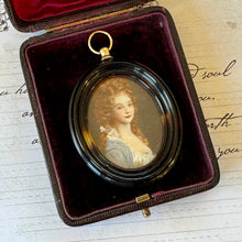 Load image into Gallery viewer, Antique Georgian British Portrait Miniature Pendant, Lady Georgiana Duchess of Devonshire. Faux Tortoiseshell Picture Locket Pendant c1780

