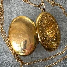 Cargar imagen en el visor de la galería, Antique Victorian Rolled Gold Locket & Chain. Floral Engraved Oval Photo Locket Pendant Necklace. Rosy Gold Antique Locket On Cable Chain