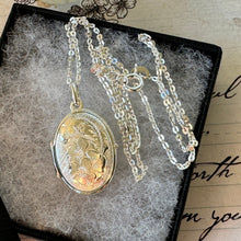 Load image into Gallery viewer, Vintage Sterling Silver Engraved Dogwood Blossom Locket Pendant &amp; Chain. Small Oval Flower Locket Necklace. Petite Floral Photo Locket
