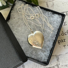 Load image into Gallery viewer, Vintage Sterling Silver Engraved Rose Heart Locket Necklace. Medium Love Heart Locket &amp; Chain. Victorian Style Floral Sweetheart Locket

