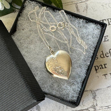 Cargar imagen en el visor de la galería, Vintage Sterling Silver Engraved Rose Heart Locket Necklace. Medium Love Heart Locket & Chain. Victorian Style Floral Sweetheart Locket