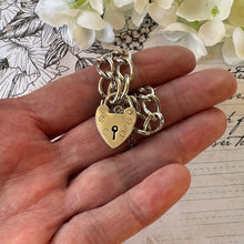 Cargar imagen en el visor de la galería, Vintage English Silver Curb Chain Bracelet With Love Heart Padlock. Victorian Style Sweetheart Bracelet. Watch Chain Bracelet, 1964 Hallmark