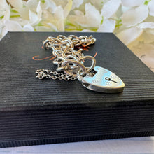 Cargar imagen en el visor de la galería, Vintage English Silver Curb Chain Bracelet With Love Heart Padlock. Victorian Style Sweetheart Bracelet. Watch Chain Bracelet, 1964 Hallmark