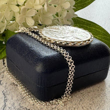 Cargar imagen en el visor de la galería, Vintage English Silver "Forget Me Not" Oval Locket Pendant Necklace. Victorian Revival Floral Engraved Large Locket & Chain, Hallmarked 1975