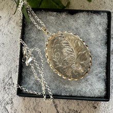 Cargar imagen en el visor de la galería, Vintage English Silver "Forget Me Not" Oval Locket Pendant Necklace. Victorian Revival Floral Engraved Large Locket & Chain, Hallmarked 1975