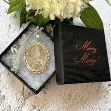 Cargar imagen en el visor de la galería, Vintage English Silver "Forget Me Not" Oval Locket Pendant Necklace. Victorian Revival Floral Engraved Large Locket & Chain, Hallmarked 1975