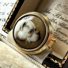 Load image into Gallery viewer, Victorian 18ct Gold English Bulldog Portrait Miniature Ring By William Essex. Antique Enamelled Dog Mourning Ring, Signed William Essex 1862
