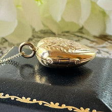画像をギャラリービューアに読み込む, Antique Art Nouveau 9ct Gold Love Heart Locket Necklace. Edwardian Yellow Gold Small Floral Engraved Locket Pendant With Optional Chain.