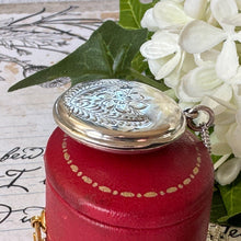 Cargar imagen en el visor de la galería, Vintage Engraved Silver Romantic Rose Locket Pendant Necklace. Round Sterling Silver Love Token Locket & Chain. Edwardian Style Photo Locket