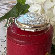 Cargar imagen en el visor de la galería, Vintage Engraved Silver Romantic Rose Locket Pendant Necklace. Round Sterling Silver Love Token Locket & Chain. Edwardian Style Photo Locket
