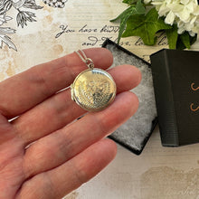 Cargar imagen en el visor de la galería, Vintage Engraved Silver Romantic Rose Locket Pendant Necklace. Round Sterling Silver Love Token Locket & Chain. Edwardian Style Photo Locket