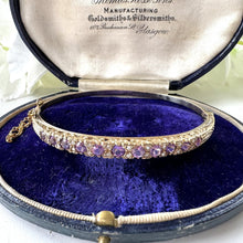 Cargar imagen en el visor de la galería, Vintage 9ct Gold, Diamond & Lavender Amethyst Bangle Bracelet. Victorian Revival Pale Purple Amethyst Engraved Yellow Gold Bangle.
