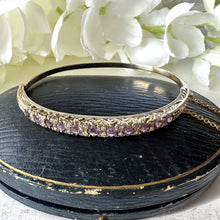Cargar imagen en el visor de la galería, Vintage 9ct Gold, Diamond & Lavender Amethyst Bangle Bracelet. Victorian Revival Pale Purple Amethyst Engraved Yellow Gold Bangle.