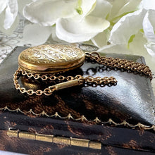 Cargar imagen en el visor de la galería, Antique Victorian Rolled Gold Locket & Chain. Floral Engraved Oval Photo Locket Pendant Necklace. Rosy Gold Antique Locket On Cable Chain