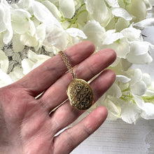 Cargar imagen en el visor de la galería, Antique Victorian Rolled Gold Locket & Chain. Floral Engraved Oval Photo Locket Pendant Necklace. Rosy Gold Antique Locket On Cable Chain
