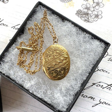 Load image into Gallery viewer, Antique Victorian Rolled Gold Locket &amp; Chain. Floral Engraved Oval Photo Locket Pendant Necklace. Rosy Gold Antique Locket On Cable Chain
