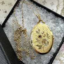Cargar imagen en el visor de la galería, Vintage 14ct Rolled Gold Ruby Crystal Engraved Rose Locket On Original Chain. Edwardian Style Pendant Necklace. Kordes Lichtenfels, Germany