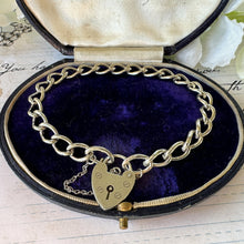 Cargar imagen en el visor de la galería, Vintage English Silver Curb Chain Bracelet With Love Heart Padlock. Victorian Style Sweetheart Bracelet. Watch Chain Bracelet, 1964 Hallmark