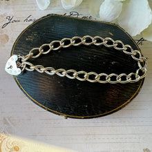 Cargar imagen en el visor de la galería, Vintage English Silver Curb Chain Bracelet With Love Heart Padlock. Victorian Style Sweetheart Bracelet. Watch Chain Bracelet, 1964 Hallmark