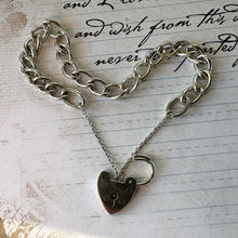 Cargar imagen en el visor de la galería, Vintage English Silver Curb Chain Bracelet With Love Heart Padlock. Victorian Style Sweetheart Bracelet. Watch Chain Bracelet, 1964 Hallmark