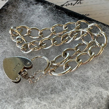 Cargar imagen en el visor de la galería, Vintage English Silver Curb Chain Bracelet With Love Heart Padlock. Victorian Style Sweetheart Bracelet. Watch Chain Bracelet, 1964 Hallmark