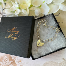 Cargar imagen en el visor de la galería, Vintage English Silver Curb Chain Bracelet With Love Heart Padlock. Victorian Style Sweetheart Bracelet. Watch Chain Bracelet, 1964 Hallmark