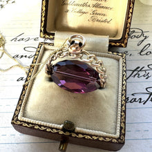Charger l'image dans la galerie, Victorian 9ct Gold Amethyst Glass Spinner Fob Pendant. Antique 3-Sided Gold Spinner Pendant With Optional Chain. Dainty Gold Charm Pendant