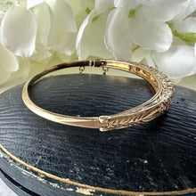 Cargar imagen en el visor de la galería, Vintage 9ct Gold, Diamond & Lavender Amethyst Bangle Bracelet. Victorian Revival Pale Purple Amethyst Engraved Yellow Gold Bangle.