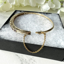 Cargar imagen en el visor de la galería, Vintage 9ct Gold, Diamond & Lavender Amethyst Bangle Bracelet. Victorian Revival Pale Purple Amethyst Engraved Yellow Gold Bangle.