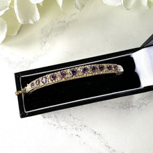 Cargar imagen en el visor de la galería, Vintage 9ct Gold, Diamond & Lavender Amethyst Bangle Bracelet. Victorian Revival Pale Purple Amethyst Engraved Yellow Gold Bangle.