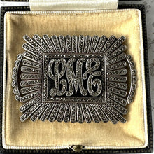 Load image into Gallery viewer, Antique Art Deco Sterling Silver Marcasite & Onyx Monogram Brooch