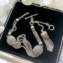 画像をギャラリービューアに読み込む, Victorian Sterling Silver Albertina Watch Chain. Antique Etruscan Revival Fancy Chain Bracelet With Love Heart Charm, T-Bar & Dog-Clip