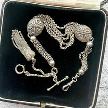 画像をギャラリービューアに読み込む, Victorian Sterling Silver Albertina Watch Chain. Antique Etruscan Revival Fancy Chain Bracelet With Love Heart Charm, T-Bar & Dog-Clip
