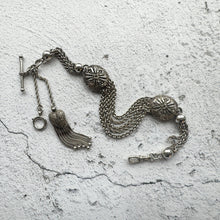 画像をギャラリービューアに読み込む, Victorian Sterling Silver Albertina Watch Chain. Antique Etruscan Revival Fancy Chain Bracelet With Love Heart Charm, T-Bar & Dog-Clip