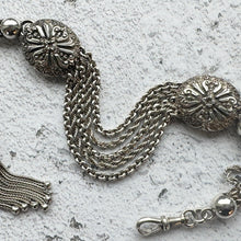 画像をギャラリービューアに読み込む, Victorian Sterling Silver Albertina Watch Chain. Antique Etruscan Revival Fancy Chain Bracelet With Love Heart Charm, T-Bar & Dog-Clip