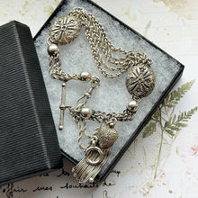 画像をギャラリービューアに読み込む, Victorian Sterling Silver Albertina Watch Chain. Antique Etruscan Revival Fancy Chain Bracelet With Love Heart Charm, T-Bar & Dog-Clip