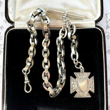 Cargar imagen en el visor de la galería, Superb Victorian 1883 Chunky Silver Albert Watch Chain With Maltese Cross Fob. Thick Sterling Silver Anchor/Navy Link Pocket Watch Chain