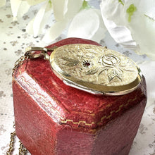 Cargar imagen en el visor de la galería, Vintage 14ct Rolled Gold Ruby Crystal Engraved Rose Locket On Original Chain. Edwardian Style Pendant Necklace. Kordes Lichtenfels, Germany