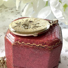 Cargar imagen en el visor de la galería, Vintage 14ct Rolled Gold Ruby Crystal Engraved Rose Locket On Original Chain. Edwardian Style Pendant Necklace. Kordes Lichtenfels, Germany