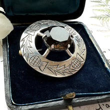 Cargar imagen en el visor de la galería, Vintage Scottish Silver & Smoky Quartz Engraved Thistle Shield Brooch. Glasgow Silver Cairngorm Gemstone Round Brooch, Robert Allison 1957