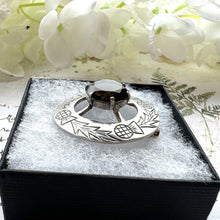 Cargar imagen en el visor de la galería, Vintage Scottish Silver & Smoky Quartz Engraved Thistle Shield Brooch. Glasgow Silver Cairngorm Gemstone Round Brooch, Robert Allison 1957