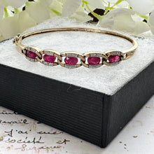 Cargar imagen en el visor de la galería, Vintage 9ct Gold Ruby & Diamond Bangle Bracelet. Solid Curb Chain Style Heavy Quality Gold Bangle. Gemstone Set Yellow Gold Hinged Bangle