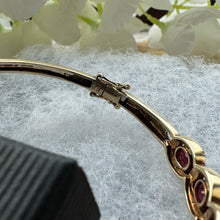 Cargar imagen en el visor de la galería, Vintage 9ct Gold Ruby & Diamond Bangle Bracelet. Solid Curb Chain Style Heavy Quality Gold Bangle. Gemstone Set Yellow Gold Hinged Bangle