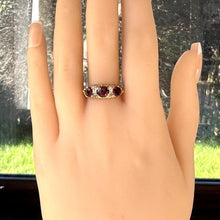 Charger l'image dans la galerie, Vintage 9ct Gold Red Garnet & White Zircon Half Band Trilogy Ring. Victorian Revival Ornate Scrollwork Statement Boat Ring, Hallmarked 1972