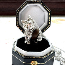 Cargar imagen en el visor de la galería, Vintage Sterling Silver Nuvo "Touch Wood" Lucky Cat Pendant Necklace. 1960s "Touch Wud" English Good Luck Figural Charm On Silver Curb Chain