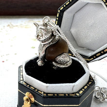 Cargar imagen en el visor de la galería, Vintage Sterling Silver Nuvo "Touch Wood" Lucky Cat Pendant Necklace. 1960s "Touch Wud" English Good Luck Figural Charm On Silver Curb Chain